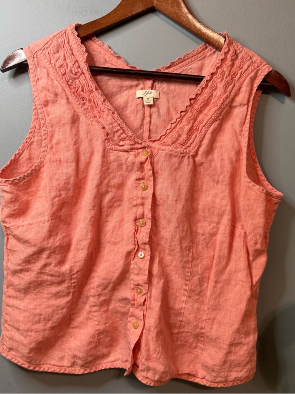 J. Jill 100% Linen Button Front Tank Top Coral Pink Eyelet Trim Size Medium - Picture 10 of 10